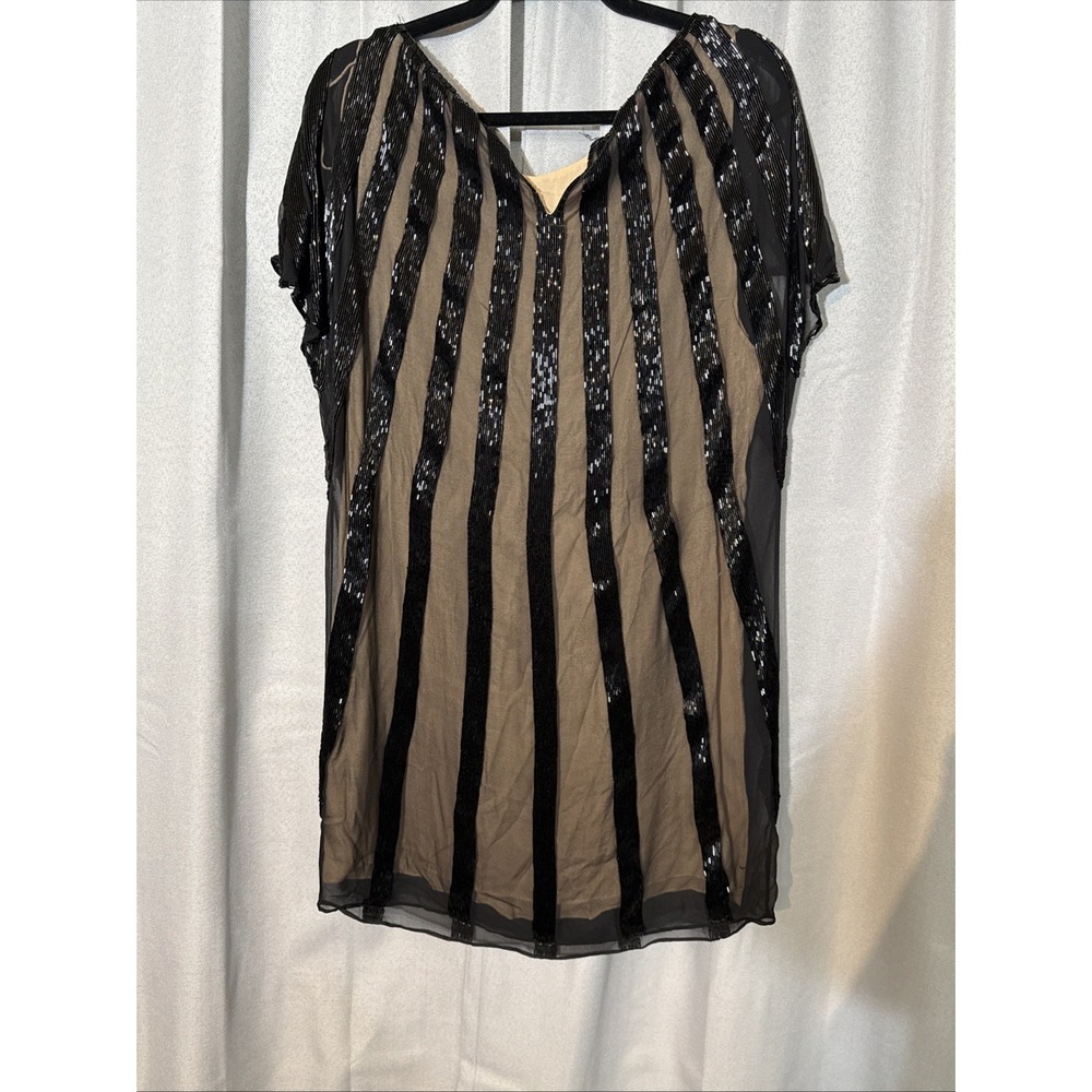 3.1 Phillip Lim Silk Beaded Sunburst Shift Dress Sz 4 Black Nude Bugle Bead
